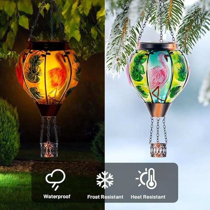 Starsoul 2 PC Flamingo Hot Air Balloon Solar Lantern with Flame Glass Outdoor Hanging Hot Air Balloon Solar Light Waterproof Garden Patio Yard Party Decorations