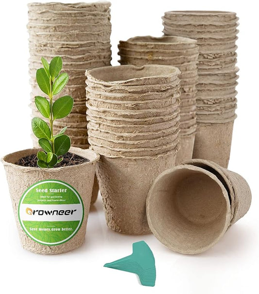 GROWNEER 60 Packs 4 Inch Peat Pots Plant Starters for Seedling with 15 Pcs Plant Labels Biodegradable Herb Seed Starter Pots Kits Garden Germination Nursery Pot