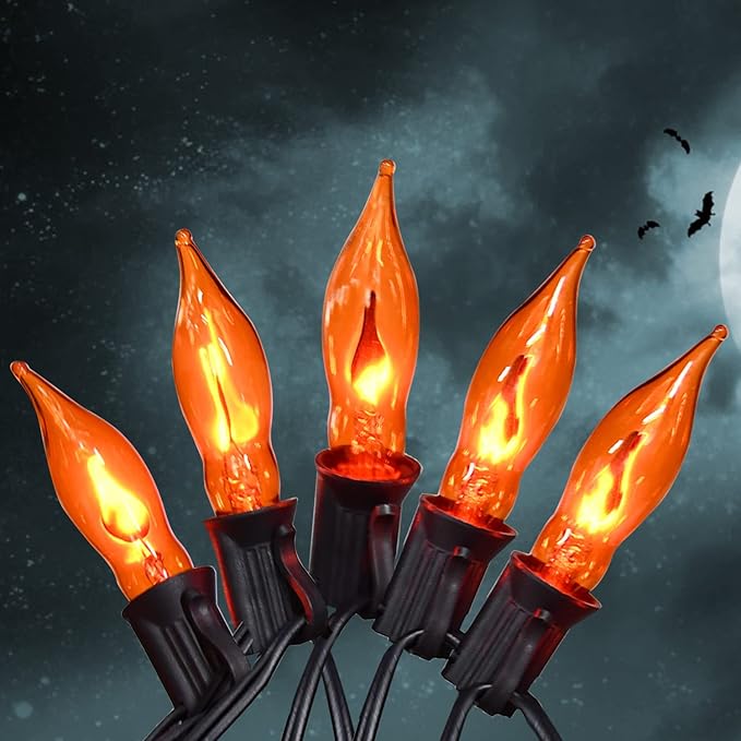 Flickering Flame String Lights Orange Halloween Lights with 10 Pack C7 Orange Flame Light Bulbs, 12.8Ft Orange Flame String Lights for Halloween Decorations for Home Party Yard