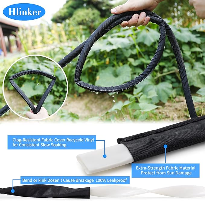 Flat Soaker Hose 15 25 50 75 FT for Garden Beds, 25Ft 1/2" Linkable Consistent Drip Irrigation Hose Save 80% Water, Leakproof Heavy Duty Double Layer Sprinkler Hose