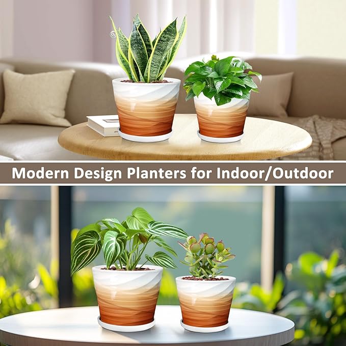 6.7 + 5.5 Inch Plant Pot, Ceramic Planter with Drainage and Saucer，Ceramic Pots for Plants, Indoor Plant pots，planters for Indoor Plants(Khaki + White)