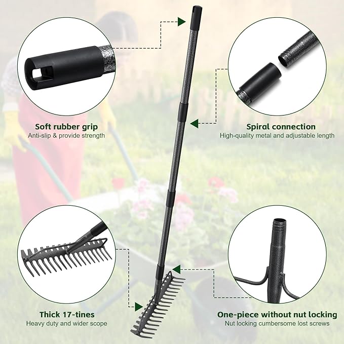 49'' Bow Rake ，17 Tines Metal Head Rake with Stainless Steel Handle，Heavy Duty Garden Rake for Loosening Soil Gathering Leaf Leveling Lawn Farming Land Management Yarn Thatch Rake