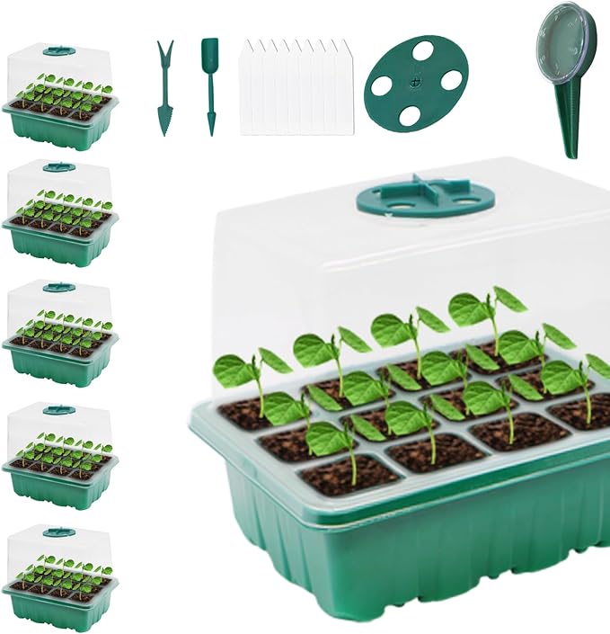 Seed Starter Tray, 5PCS Seed Starter Kit with Humidity Dome, Seedling Starter Tray 60 Cells Total, Mini Greenhouse for Indoor Plants, Indoor Germination Kit (Seed Starter Tray)