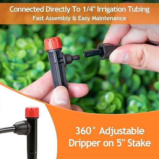 50pcs Drip Emitters for 1/4" Irrigation Tubing, Easy Connect Adjustable 360 Degree Water Flow Irrigation Sprayer On 5" Stake for 4/7mm Tube Locked Irrigation Drippers for Garden Flower Plant