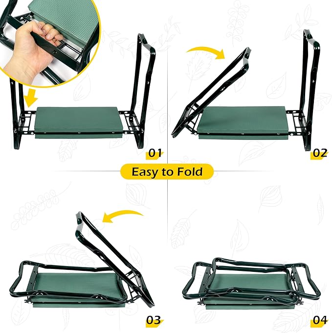 MaxWorks 50921 Folding Garden Kneeler Stool with 8 inch Wide Kneeling Pad, with 1 Tools Pouch for Planting and Gardening (Pack of 2)