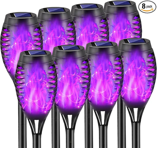 Purple Solar Lights Outdoor, 8 Pack Solar Flicker Flame Torch Lights Waterproof 12 LED Mini Tiki Torch Lights for Outside Landscape Garden Pathway Dusk to Dawn Auto On/Off