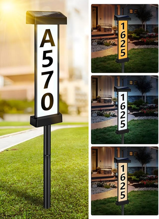 DBF Solar Address Sign, Dual-Sided House Numbers for Outside Waterproof, 3 Colors LED Illuminated Solar Powered Address Plaque with stakes, Outdoor House Number for Home Yard Garden Street