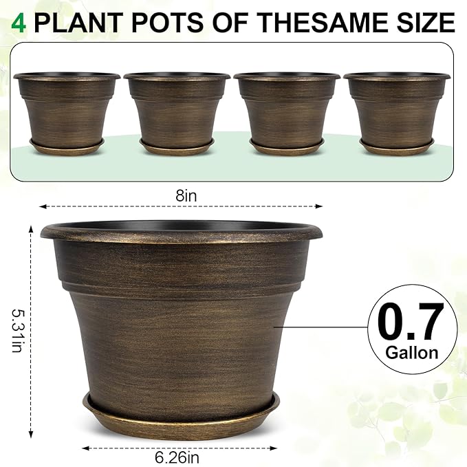Plant Planters Pots Set of 4 Pack 8 Inch, Plastic Flower Pot for Indoor Plants with Drainage Holes & Trays, Resin Decorative Container Sets with Saucer for House Outdoor Garden Planters Dark Gold