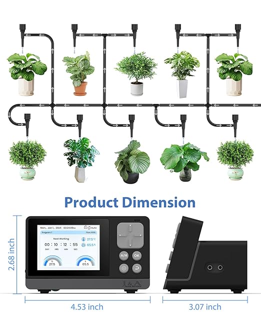 J&A Automatic Watering System for Potted Plants Drip Irrigation Kit Self-Watering System with Timer, Thermometer, Hygrometer for Indoor Plants, Grow Tent (Black)