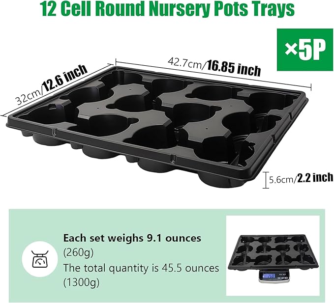 12 Cell Round Nursery Pots Trays Thickened Durable Seedling Pots Shuttle Carrying Trays for Holding 4 inch Nursery Pots (16.85" × 12.6", 5-Pack)