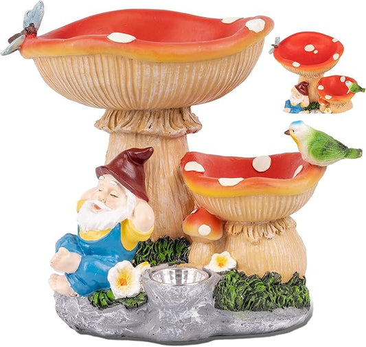 Solar Garden Statue Gnomes Figurine Lights, Bird Water Feeder and Gnomes who are Lazy Under Mushrooms, Outdoor Yard Decorations for Patio Porch Home, Garden Gifts for Women Mom