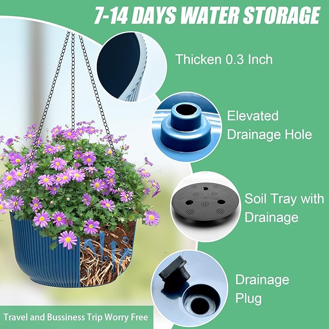 Hanging Planters for Indoor Plants 9/10/11 Inch, 3 Pack Plant Hanger Outdoor with Drainage Holes, Self Watering Hanging Basket Flower Pot for Garden Home Decor, Dark Blue