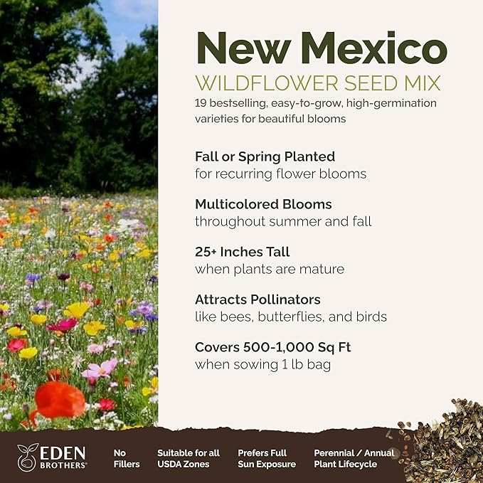 Eden Brothers New Mexico Wildflower Mixed Seeds for Planting, 1 lb, 480,000+ Seeds with Yarrow, Coreopsis | Attracts Pollinators, Plant in Spring or Fall, Zones