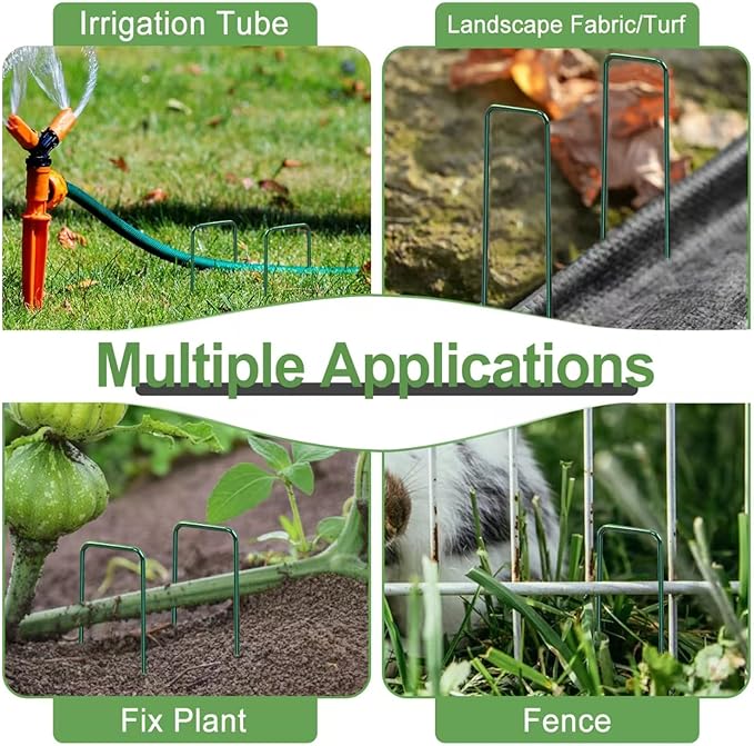 FOTMISHU Landscape Staples 5.7Inch 250Pcs Garden Stakes with 250pcs Gasket, Lawn Pins with Spray Coating Craft,11Gauge Anti-Rust Ground Yard Spikes Anchoring for Outdoor Tents Irrigation Hoses (Green)