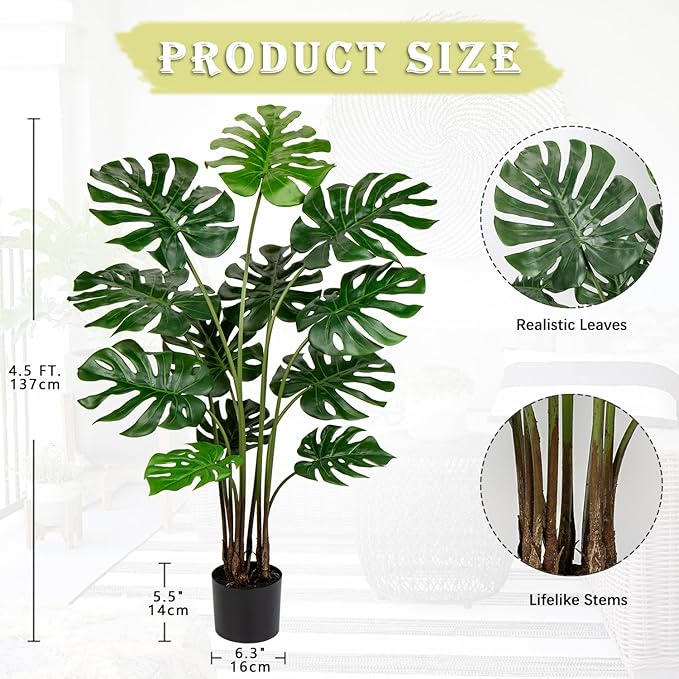 Hollyone Artificial Monstera Deliciosa Plant 4.5FT Tall Fake Tropical Palm Plants Trees Faux Monstera Indoor Swiss Cheese Plants for Indoor Outdoor Home Office Garden Living Room Decoration, 1 Pack