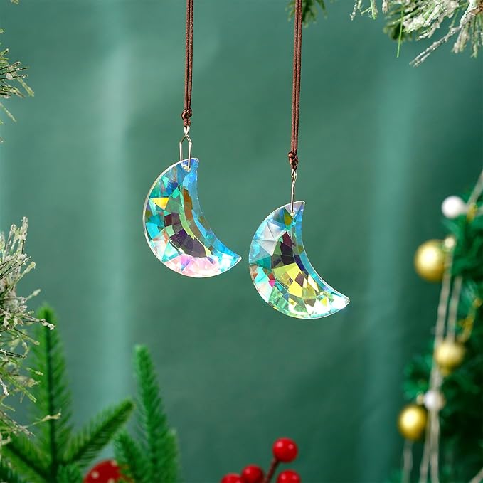 HDCRYSTALGIFTS 2pcs 50mm Crystal Prisms Sun Catchers,Half Moon Drop Hanging Suncatchers for Windows, Rainbow Maker Crystals Decoration