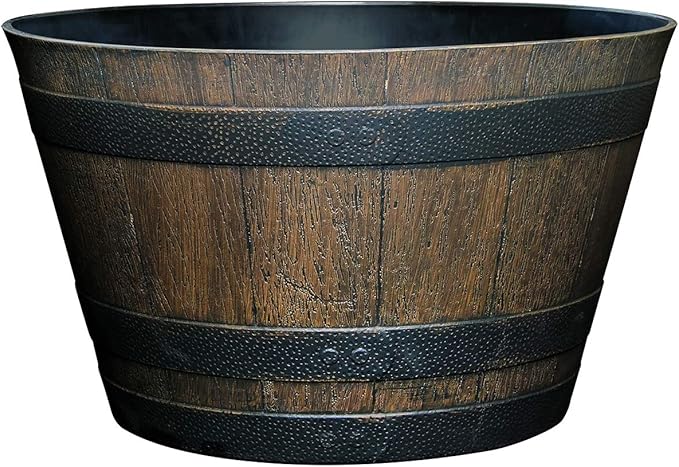 Classic Home and Garden Whiskey Plastic Resin Flower Pot Barrel Planter, Walnut Brown, 20.5"