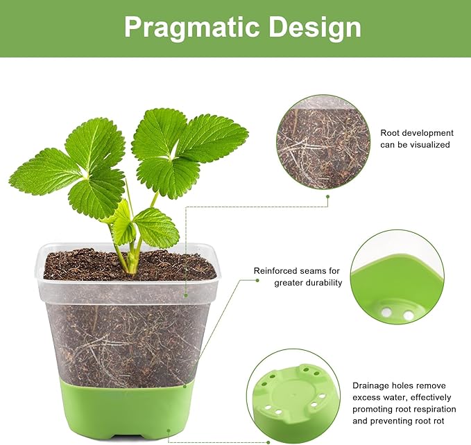 36 Packs 3 Inch Square Plastic Nursery Pots, Clear Plant Pot with Soft Silicone Base for Easy Transplant, Flower Pots with Drainage Holes, Reusable Seedling Pots Starter Pots