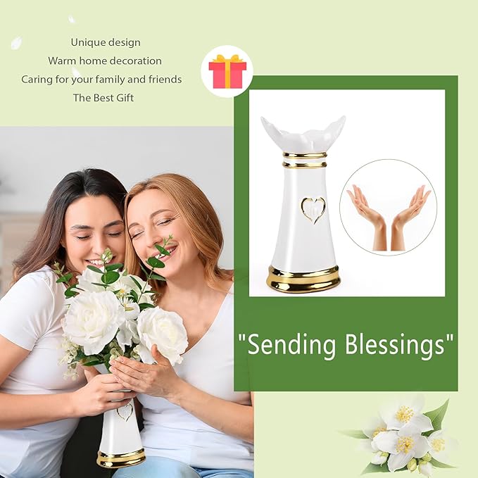 LoveLin Artificial Faux Flowers with Ceramic Vases，Affordable Luxury Artwork，Housewarming New Year Xmas Box for Wife Father，Living Dining Room Bedroom Office Hotel Home Decor White