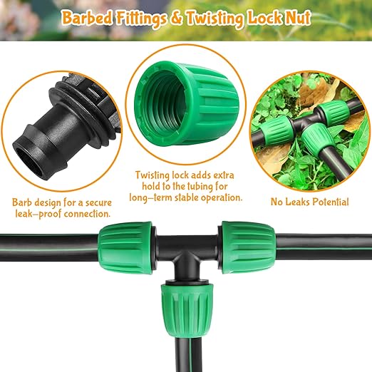 Drip Irrigation 1/2" Tee Fittings：1/2 Inch Drip Line Lock Barbed Tee Connectors for 1/2 Drip Irrigation Tubing (1/2" ID x 0.640" OD) Anti-Drop Three Way Drip Irrigation Parts (12 Pieces)