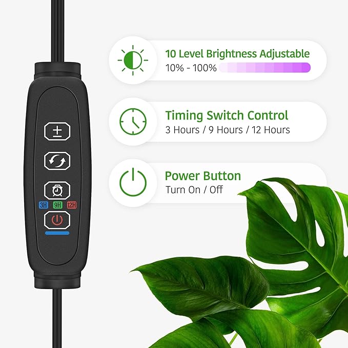 Clip Grow Light for Indoor Plants, Red Blue Spectrum Plant Growing Lamp with 3 Switch Modes,10-Level Dimmable,Auto ON & Off,3/9/12H Timer,Adjustable Gooseneck,1080 Lumen,Input Volateg 10W