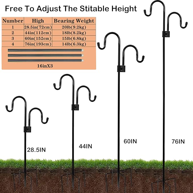 Double Shepherds Hooks For Outdoor 76 Inch, Heavy Duty Metal Bird Feeder Pole Stand With 5 Base Prongs, 28.5 To 76 Inch Adjustable Garden Holder For Hanging Plant, Wind Chimes, Wedding Garden Etc