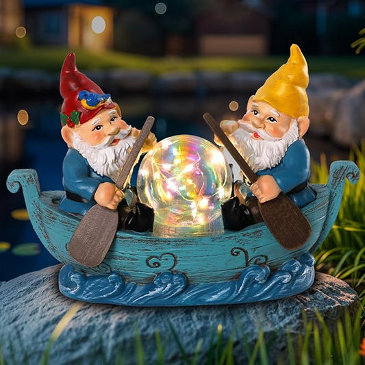 Solar Gnome Boating Garden Statues with Ball Light 4.6" Resin Gnomes Figurines Decorations for Yard Patio Lawm Porch Balcony Funny Housewarming Birthday Gardening Gifts for Women Moms