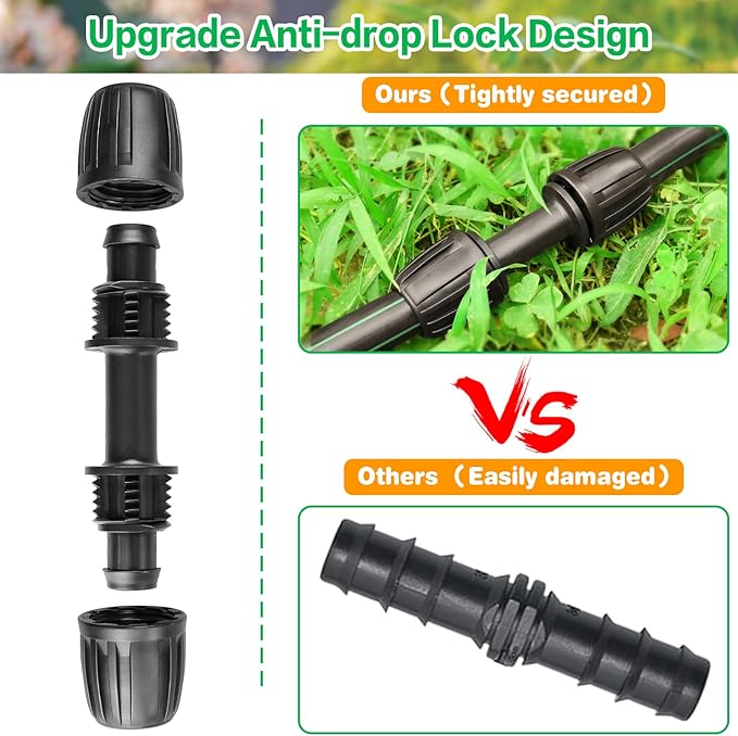 Drip Irrigation Fittings Kit for 1/2 Inch Tubing：1/2'' Drip Line Anti-Drop Barbed Locked Nut Connectors 18 Pieces Set Include 4 Couplings 4 Tees 2 Elbows 3 Valves 3 Reducing Tee 2 Plugs