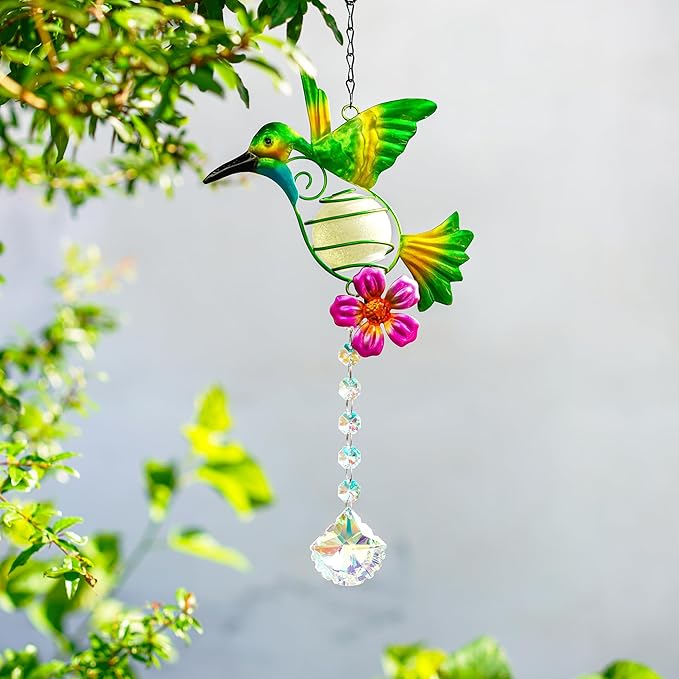 Stained Metal Hummingbird Suncatcher, Window Crystal Prisms Sun Catcher Hanging Ornament Rainbow Maker Bird Garden Wall Art Fence Decorations