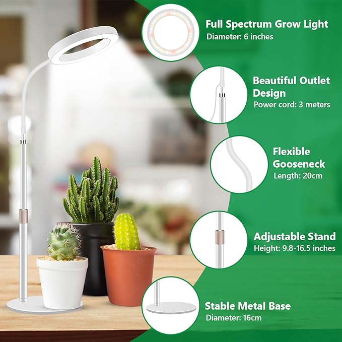 Grow Lights for Indoor Plants, Full Spectrum Desk Plant Light for Growing Small Plant, 80 LED Halo Plant Grow Light with Base, 6/12/16H Timer, 3 Light Modes,Height Adjustable 16.5-24.5"
