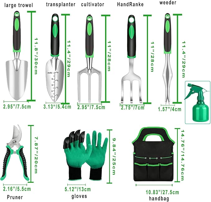 Garden Tool Set with Non Slip Rubber Grip,9 Piece Stainless Steel Gardening Tool Sets,Heavy Duty Outdoor Hand Tools Durable Storage Tote Bag,Uprooting Weeding Tool, Gifts for Women Men Children Green