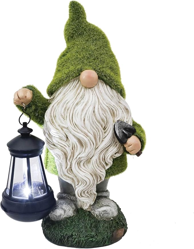 TERESA'S COLLECTIONS Christmas Outdoor Statue for Home, Resin Gnome Decorations with Solar Outdoor Lights for Garden Decor,Green Garden Sculptures & Statues for Front Patio Lawn, Gifts for Mom,8"