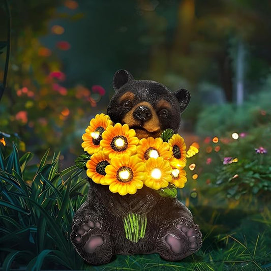 Solar Garden Lights Outdoor Statues Black Bear with Sunflowers, LED Lighted Garden Decor Waterproof Figurines for Patio Porch Balcony Yard Lawn Lantern, Unique Garden Statues for Housewarming Gifts