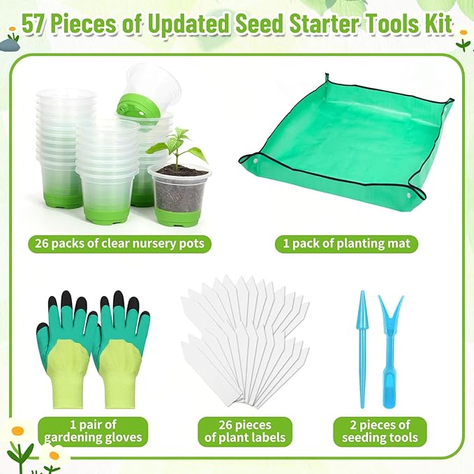 Caffox 57PCS Reusable Seed Starter Kit Includes 26 Packs 4" Clear Nursery Pots with Silicone Base, Repotting Mat, Gardening Gloves, Plant Labels and Seedling Tools for Easy Transplant