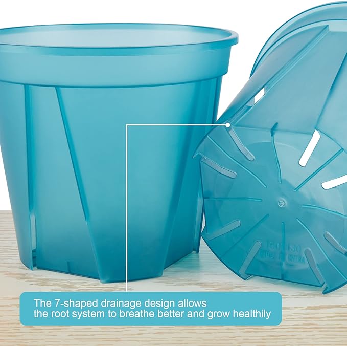 GREENPARA Blue Transparent Plastic Planter 4/5 /6 inch Plant Nursery Pots with Drainage Hole Indoor Modern Decorative Containers with 10pcs Plant Labels, 12pcs