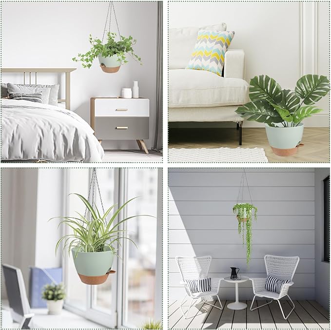 Hanging Planters for Indoor Outdoor Plants, 1 Set Self Watering Hanging Pot with Drainage Holes & Removable Tray (Green-12inch, 12'')