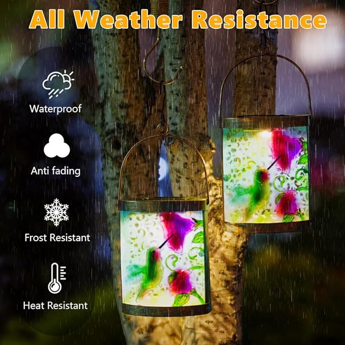 2 Pack Hummingbird Hanging Solar Lanterns Outdoor Waterproof, Tabletop Lamp Glass Solar Lantern for Patio Garden