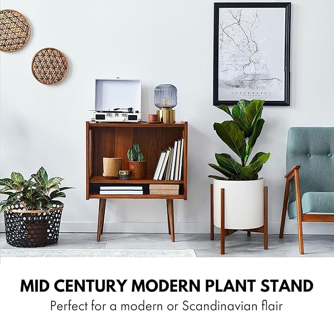 Fox & Fern Large Adjustable Plant Stand Indoor — 11 to 15 Inch Mid Century Bamboo Plant Stand; Plug In Design; Easy to Assemble; Two Height Options - For 11, 12, 13, 14 & 15 Inch Pots (Not Included)