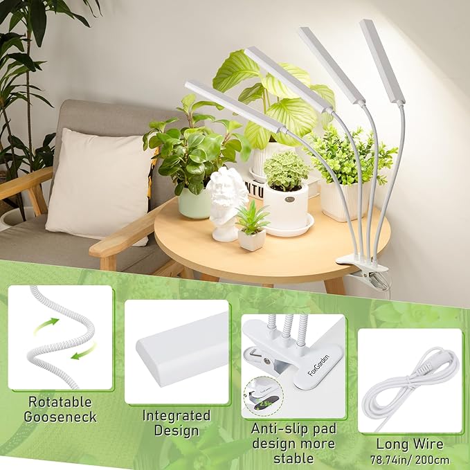FOXGARDEN® Plant Lights for Indoor Growing, Grow Light Full Spectrum with Timer 4/8/12 H, Four-Head 208 LED Grow Lamp with Flexible Gooseneck & Clamp on Desk, 4 Brightness Levels for Indoor Plants