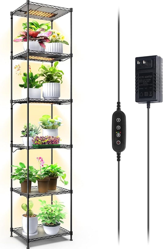 Barrina Plant Stand with Grow Lights, 6-Tier Plant Shelf with 5-Pack 50W Full Spectrum Ultra-Thin Grow Light Panel, 3 Modes, Auto Timer, Ladder Flower Pot Stand Display Rack 15.7"L x 11.8"W x 70.9"H
