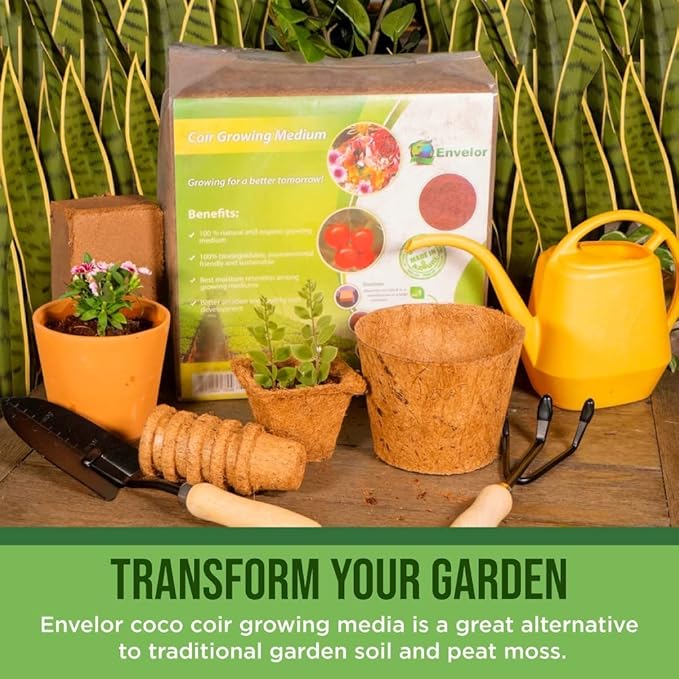Coco Coir for Plants 2-Pack Envelor 2.6 Cu. Ft. Compressed Coconut Coir Bricks 10 lb. Organic Coconut Coir Bulk Low EC pH Balanced Natural Coco Peat for Indoor and Outdoor Gardening Potting Soil