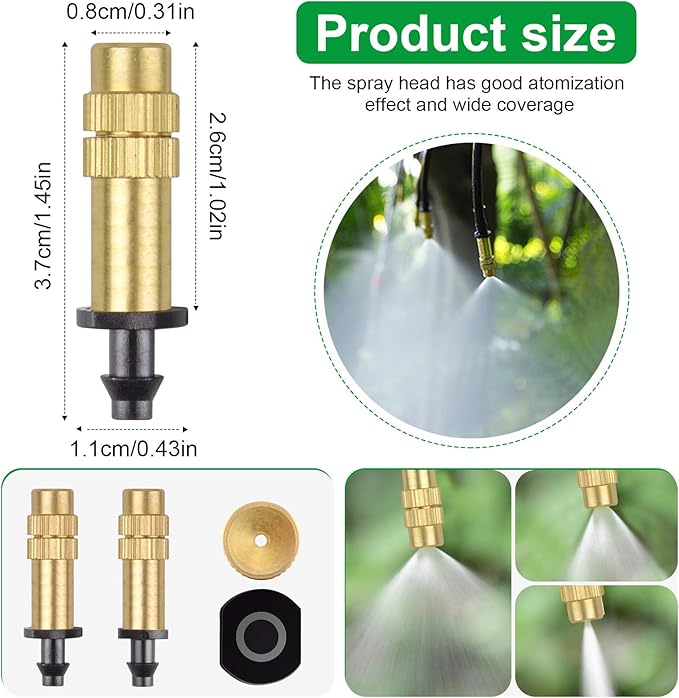 30PCS 1/4" Adjustable Copper Atomizing Nozzle Kalolary Drip Irrigation Sprayer 4/7mm Atomizing Micro Sprinkler Garden Cooling Irrigation Equipment for Lawn Vegetables Greenhouse
