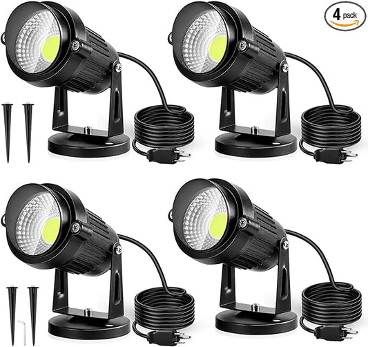 LemonBest Landscape Lights - 5W 110V Outdoor Spotlight - Waterproof IP65-3000K Cool White LED Landscape Lights - 5ft Cable for Yard Garden Patio Driveway House (Include Spike) (4 Pack)