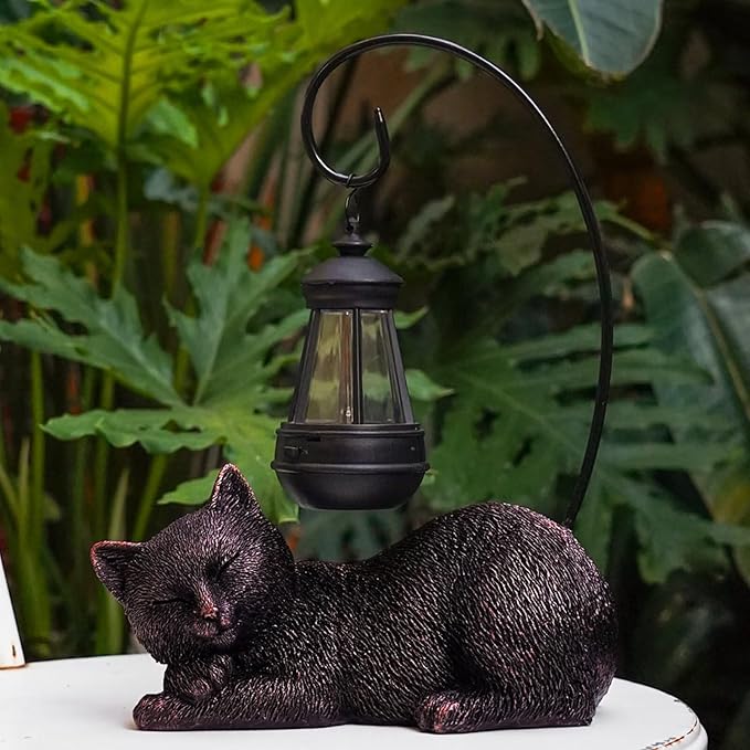 Solar Garden Statue Cat Figurine with Solar Light- Cat Statues Garden Art with Solar Lantern, Loving Cat for Patio,Balcony,Yard, Lawn, Porch-Unique Housewarming Gift for Garden Mom Grandma