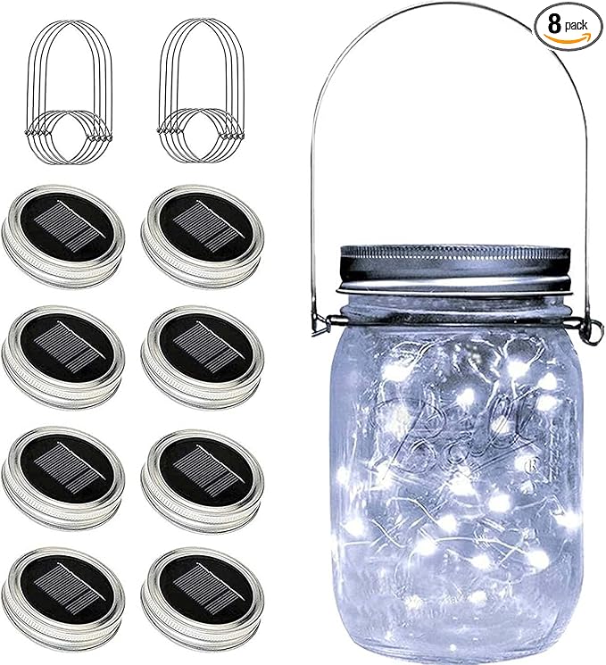 Solar Mason Jar Lights Lids, 8 Pack 30 Led Fairy Lights(Jars Not Included), Outdoor Hanging Mason Jar Solar Lights, Fairy in a Jar Solar Firefly Lights for Patio Garden Table Decor