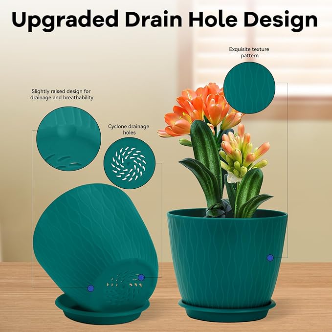 Plant Pots – 6 Inch Planters with Drainage Holes and Saucers, Flower Pots for Indoor and Outdoor Plants, Nursery Planting Pots (Pack of 5, Blue)