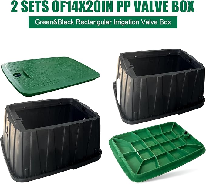 Durable PP Valve Box-2 Sets 19x14 In Jumbo Sprinkler Valve Boxes with Lockable Cover,Plastic Rectangular Irrigation Valve Box Overlapping Cover for Garden Yard Outdoor Lawn Grassland Inground