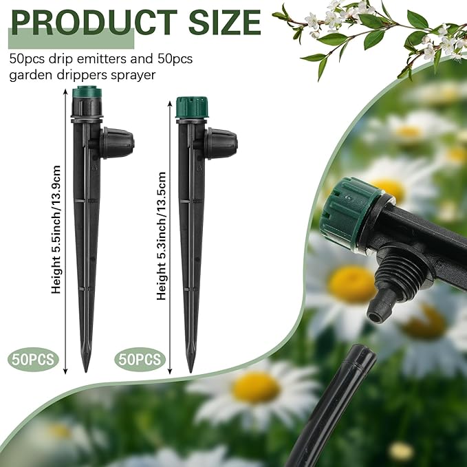 100 Pcs Drip Irrigation Emitters for 1/4" Tubing 50 Micro Irrigation Emitters Sprayer 50 Adjustable 360 Degree Water Flow Drippers for Garden Irrigation System(Green, Latch)