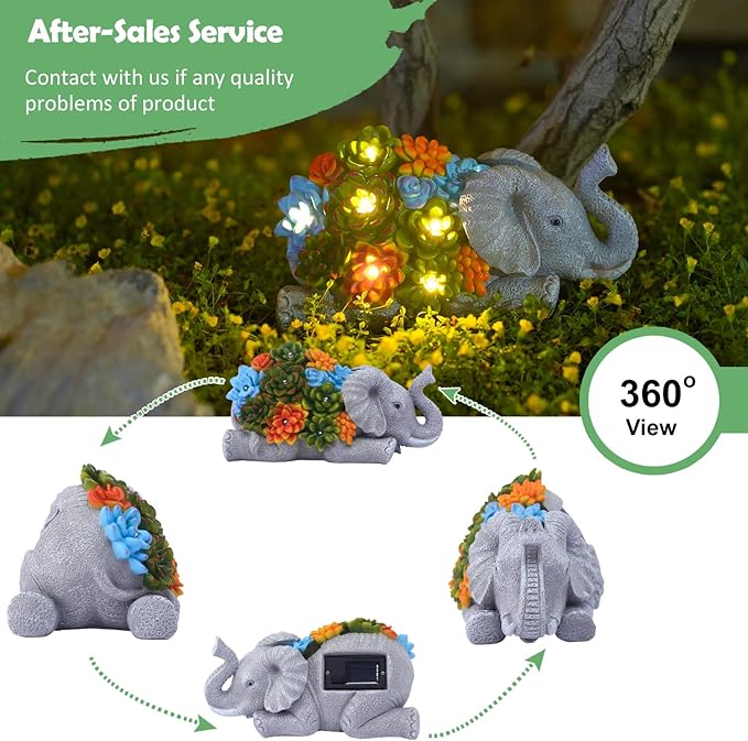 Nacome Elephant Statues with Succulent for Garden Decor: Solar Outdoor Clearance Outside Yard Art Porch Patio Balcony Front Lawn Ornaments –Birthday Gifts for Mom Grandma Women