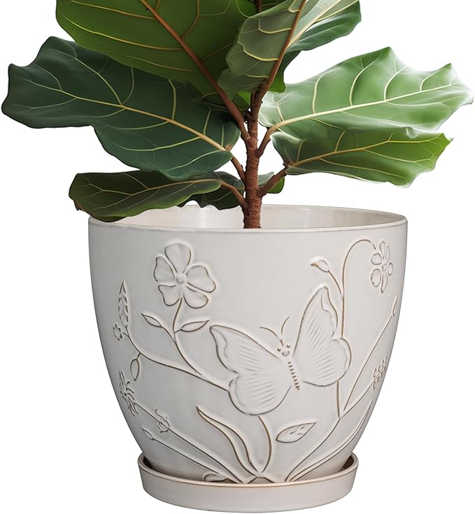 10 Inch Plant Pot Ceramic Planter Pot with Drainage Hole and Saucer Round Planter Large Flower Pot for Indoor Outdoor Plants Home Garden Decor White